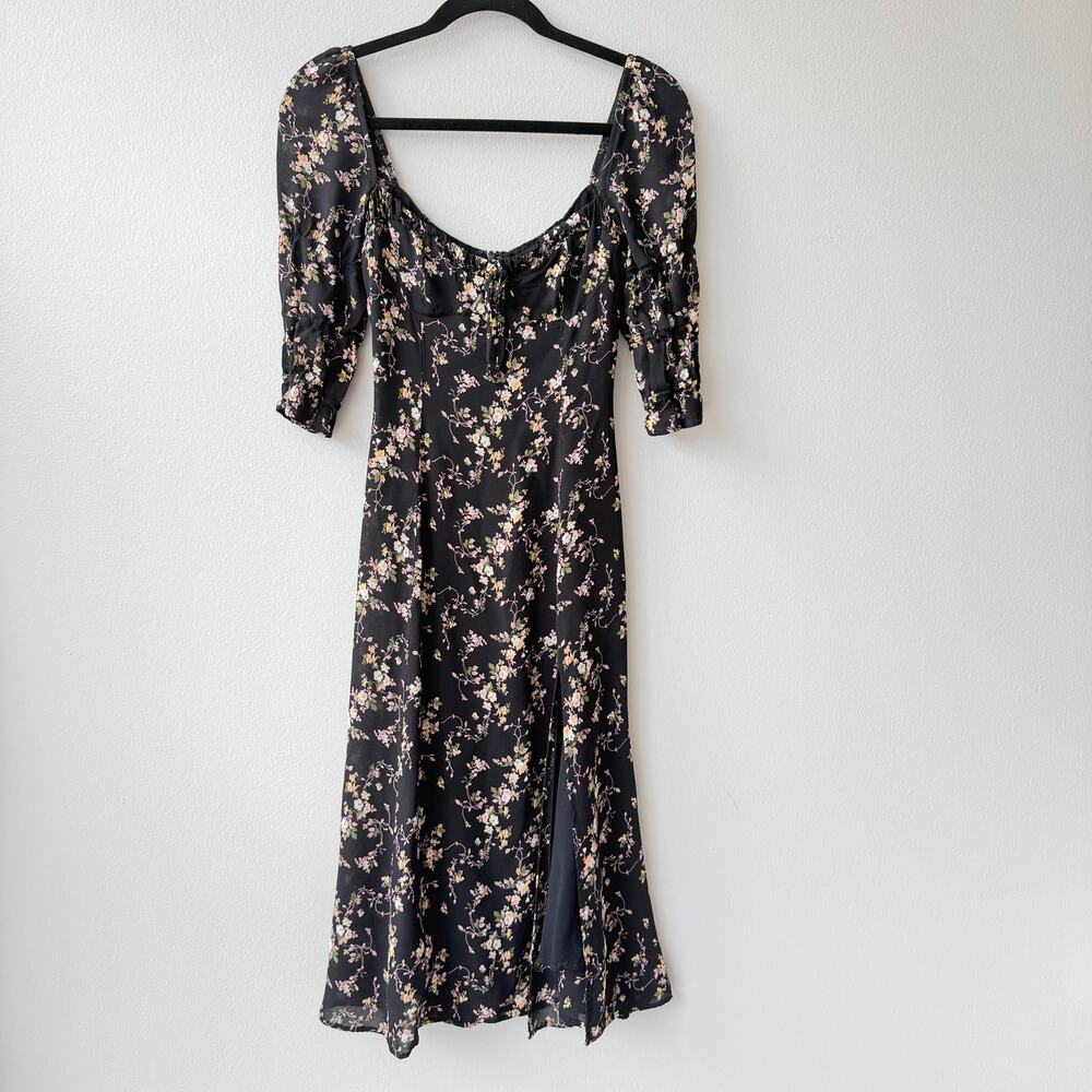 Reformation Clarissa Black Floral Midi Dress – Slit Crepe – Size M (US 6) - Picture 2 of 7